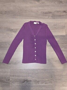 Newport News Deep Purple Ribbed V-Neck Button Up Top